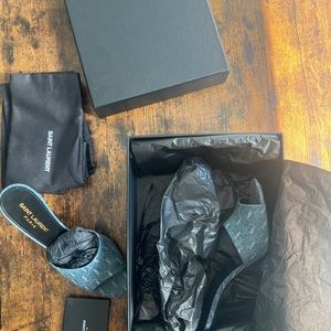 Saint Laurent YSL Jean Logo Heel Mules Size 37.5 EU / US 7 La 16 Cassandre Denim